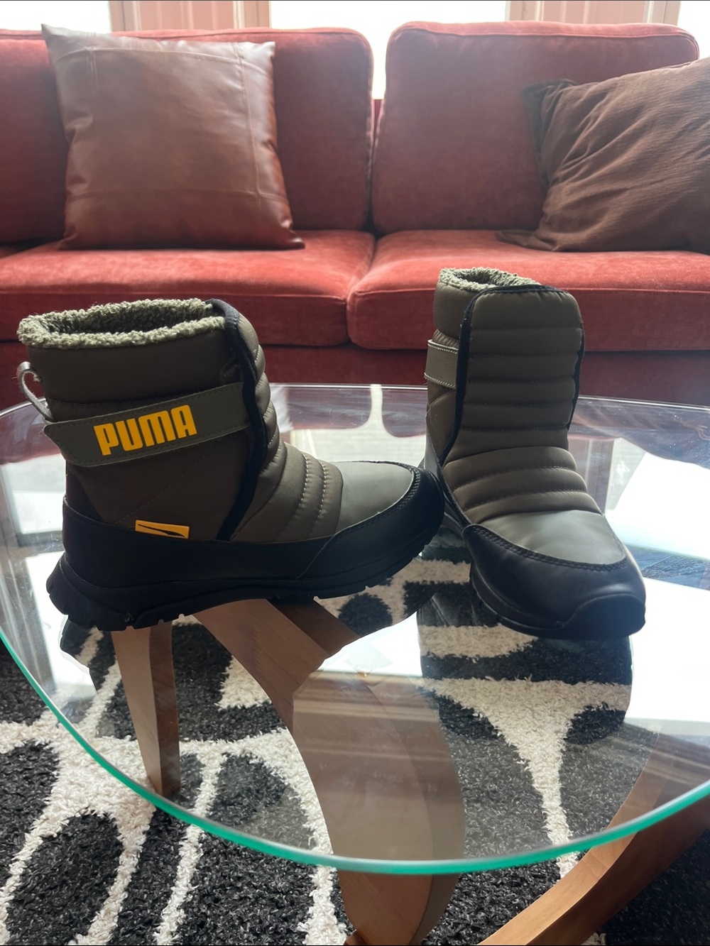 Puma Olive Green and Black Quilted Winter Boots with Yellow Logo